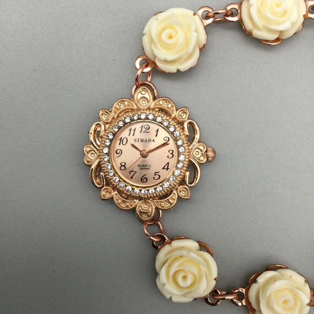 Strada Women Watch 29mm Rose Gold Dial Cream Rose Flower Bracelet New Battery 8